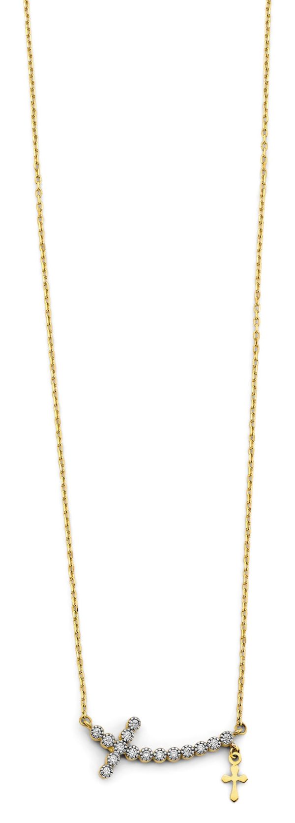 14K 2T Double Cross CZ Necklace